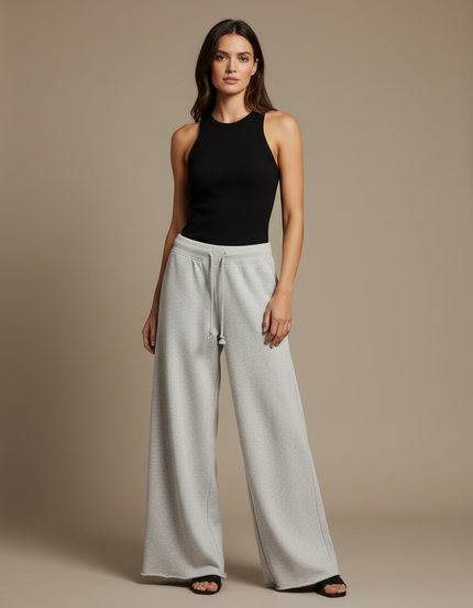 Pantalon Fluide Gris Ample Coton Cordon Femme - Molleton