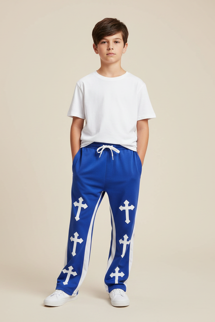 Pantalon Fluide Bleu Royal Croix Blanches Ample Enfant - Polyester