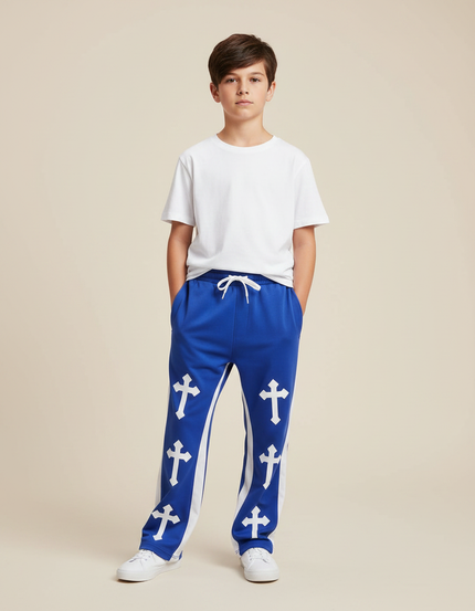 Pantalon Fluide Bleu Royal Croix Blanches Ample Enfant - Polyester