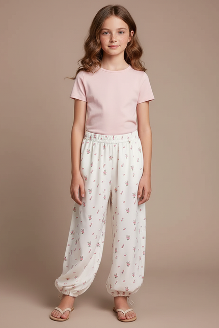 Pantalon Fluide Blanc Floral Ample Confortable Fille - Viscose