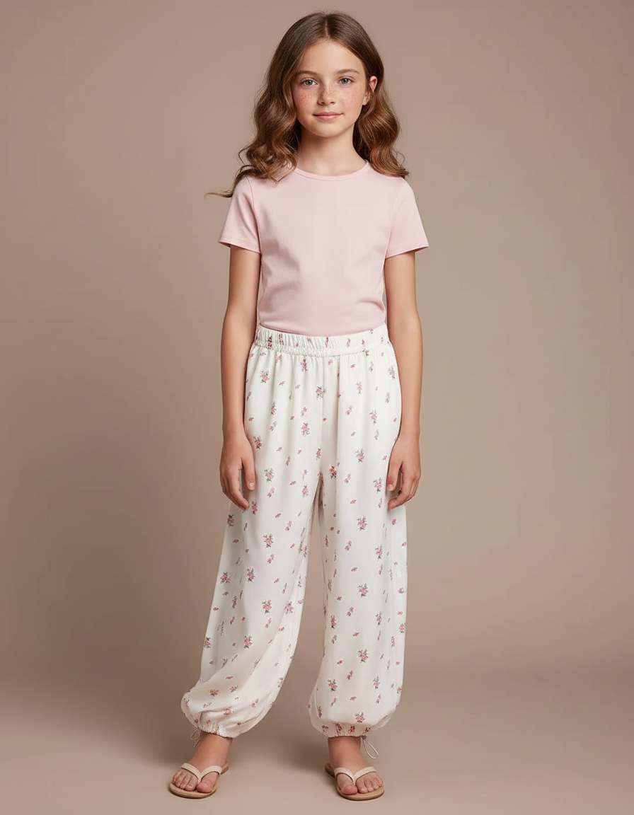 Pantalon Fluide Blanc Floral Ample Confortable Fille - Viscose