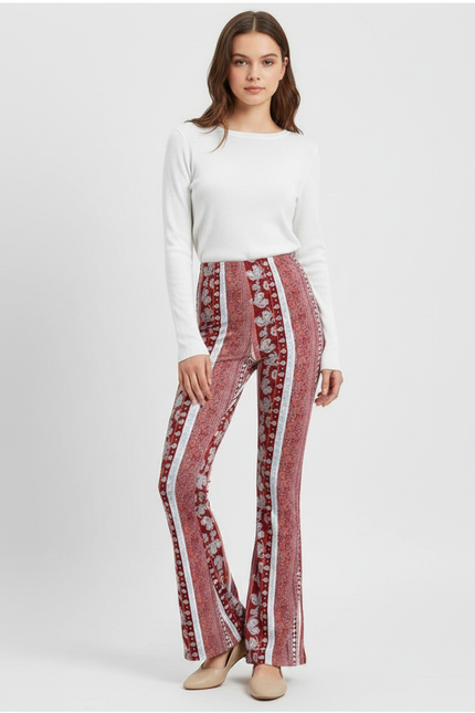 Pantalon Fluide Évasé Imprimé Bohème Rouge Confortable - Bordeaux Maille