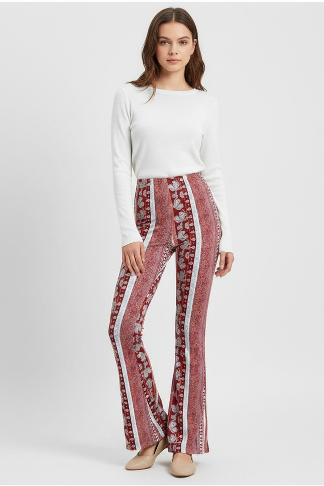 Pantalon Fluide Évasé Imprimé Bohème Rouge Confortable - Bordeaux Maille