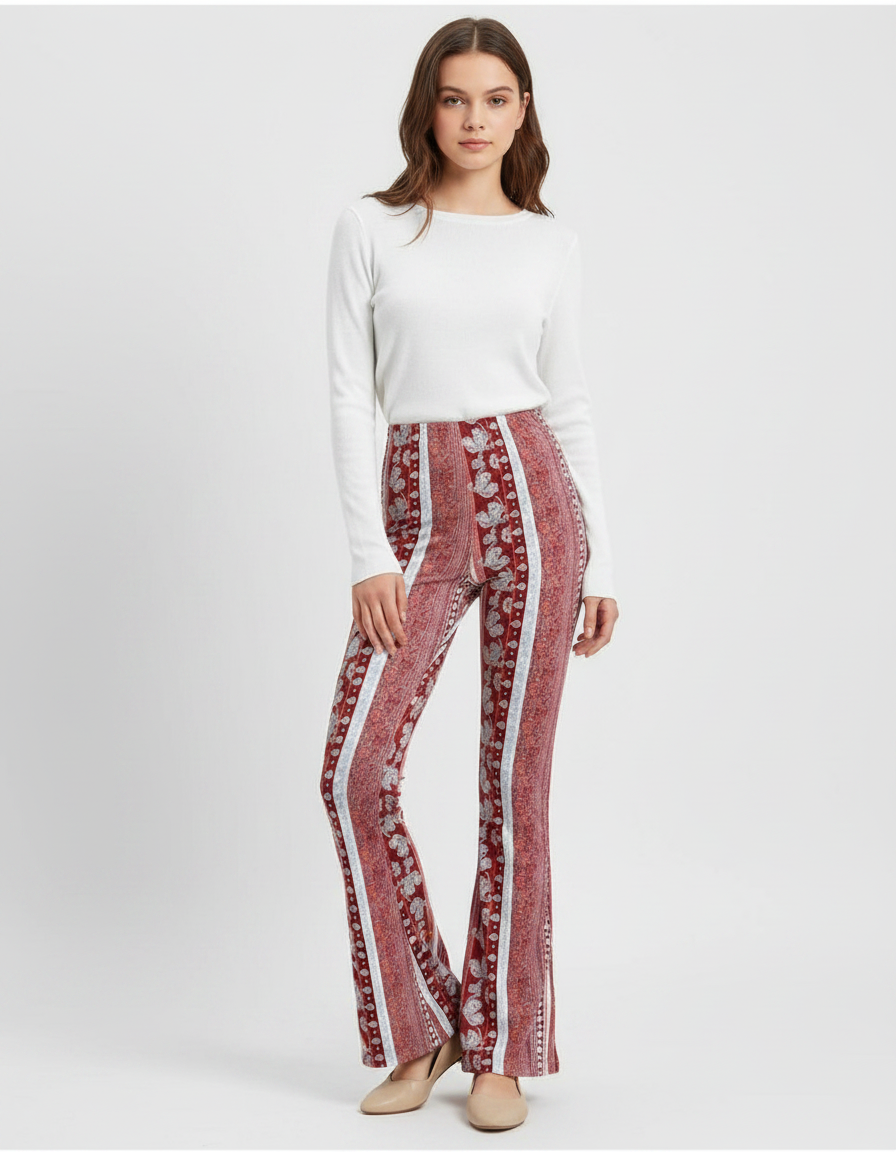 Pantalon Fluide Évasé Imprimé Bohème Rouge Confortable - Bordeaux Maille
