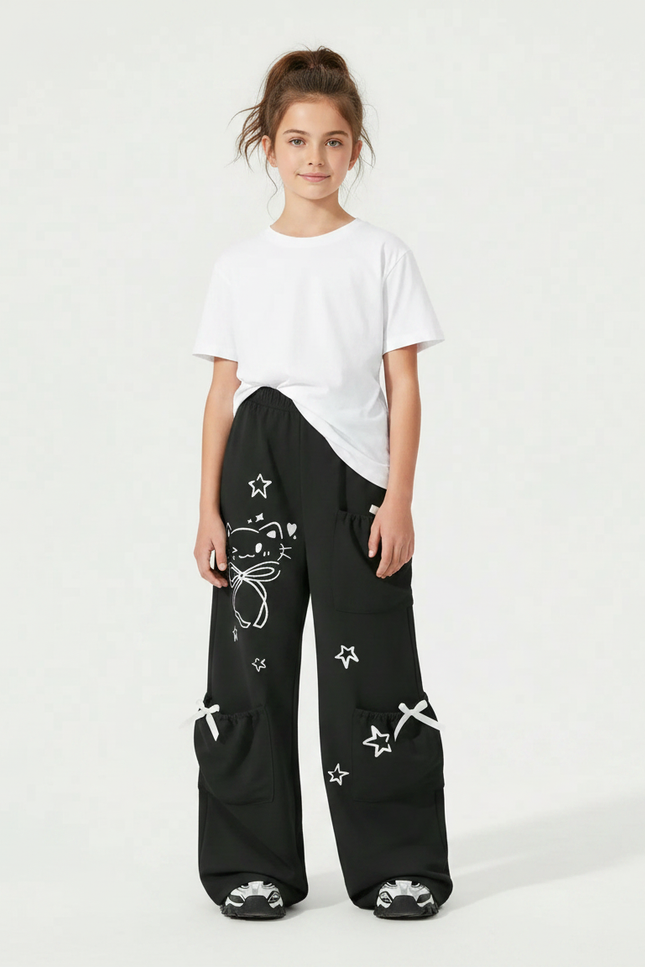 Pantalon Fluide Noir Ample Décontracté Chat Étoiles Fille - Polyester