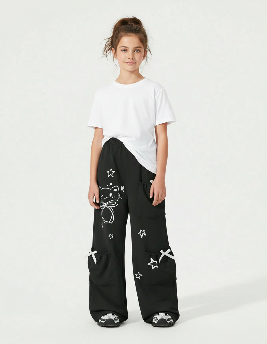 Pantalon Fluide Noir Ample Décontracté Chat Étoiles Fille - Polyester