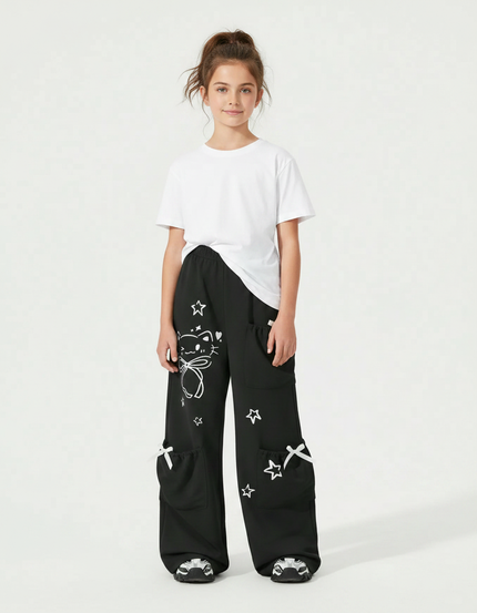 Pantalon Fluide Noir Ample Décontracté Chat Étoiles Fille - Polyester