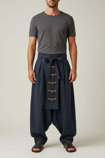 Pantalon Fluide Bleu Marine Plissé Ample Lin Homme