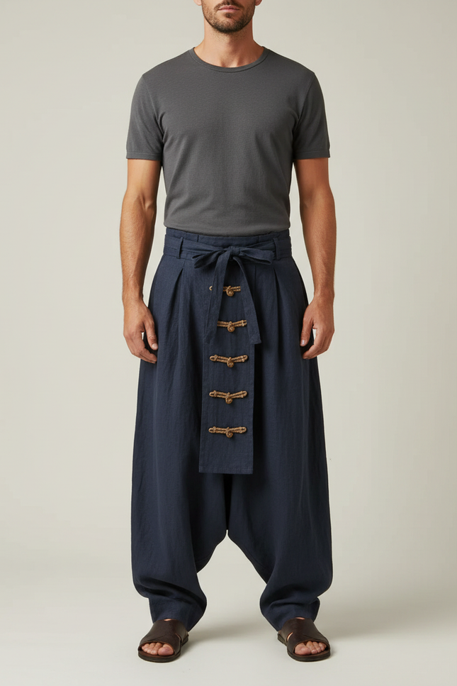 Pantalon Fluide Bleu Marine Plissé Ample Lin Homme