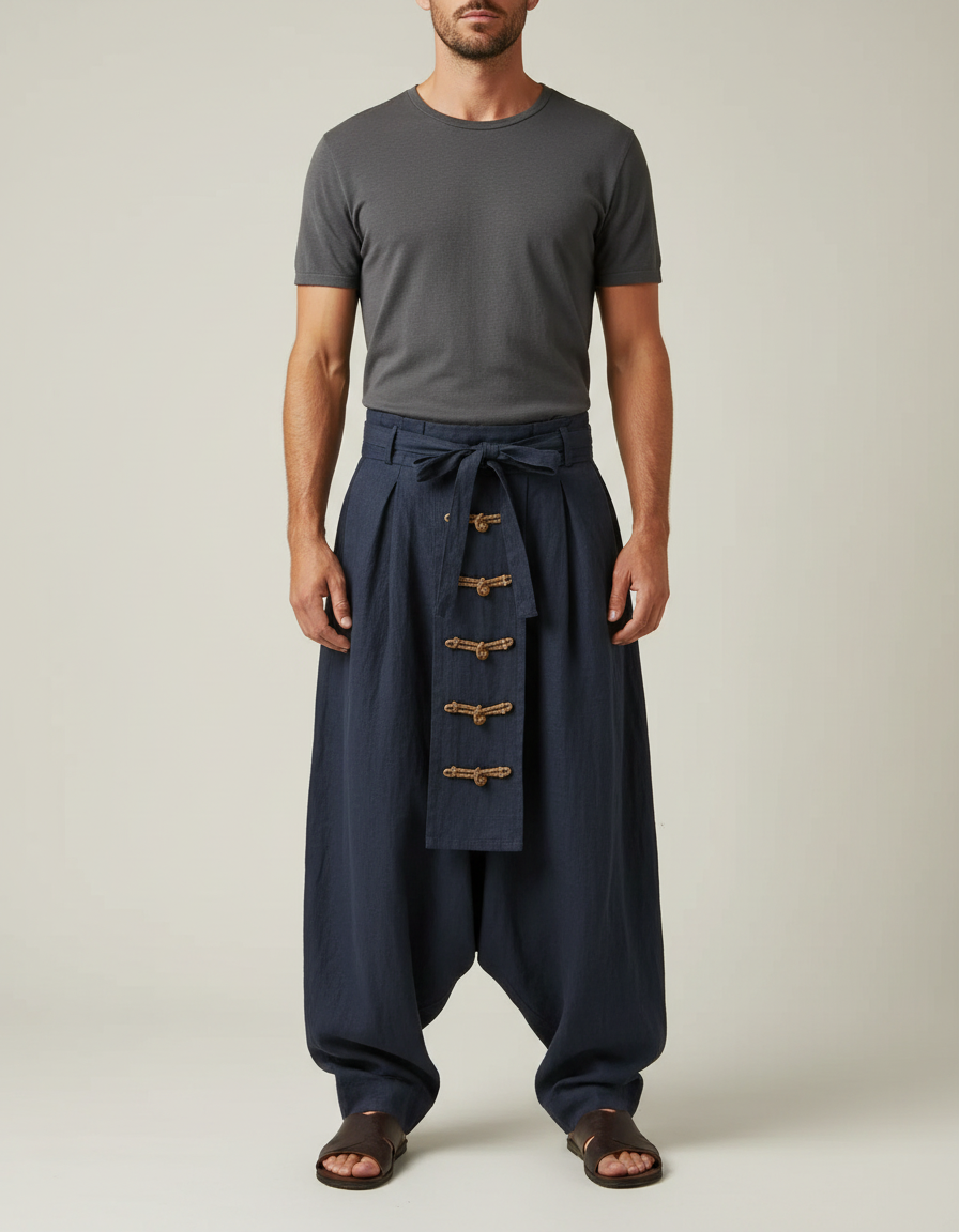 Pantalon Fluide Bleu Marine Plissé Ample Lin Homme