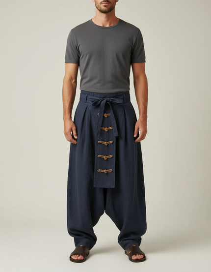 Pantalon Fluide Bleu Marine Plissé Ample Lin Homme