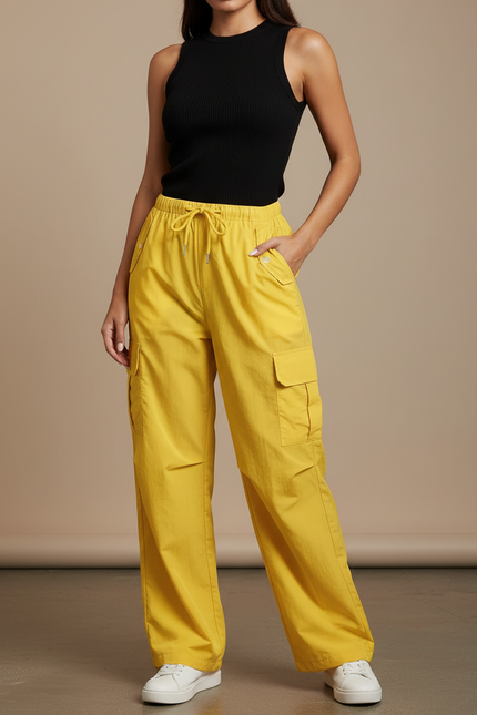 Pantalon Fluide Jaune Cargo Ample Décontracté Femme - Polyester
