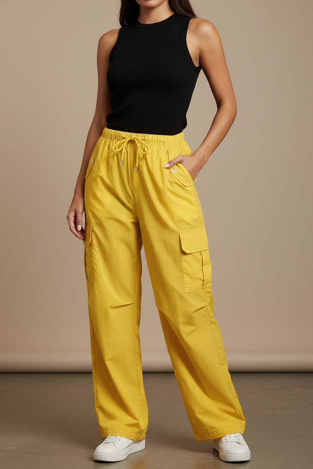 Pantalon Fluide Jaune Cargo Ample Décontracté Femme - Polyester