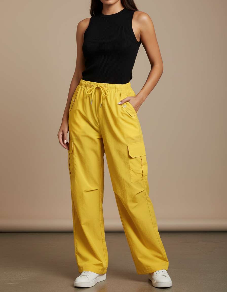 Pantalon Fluide Jaune Cargo Ample Décontracté Femme - Polyester