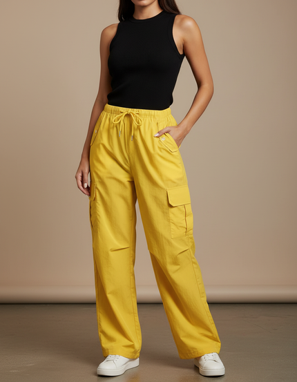 Pantalon Fluide Jaune Cargo Ample Décontracté Femme - Polyester