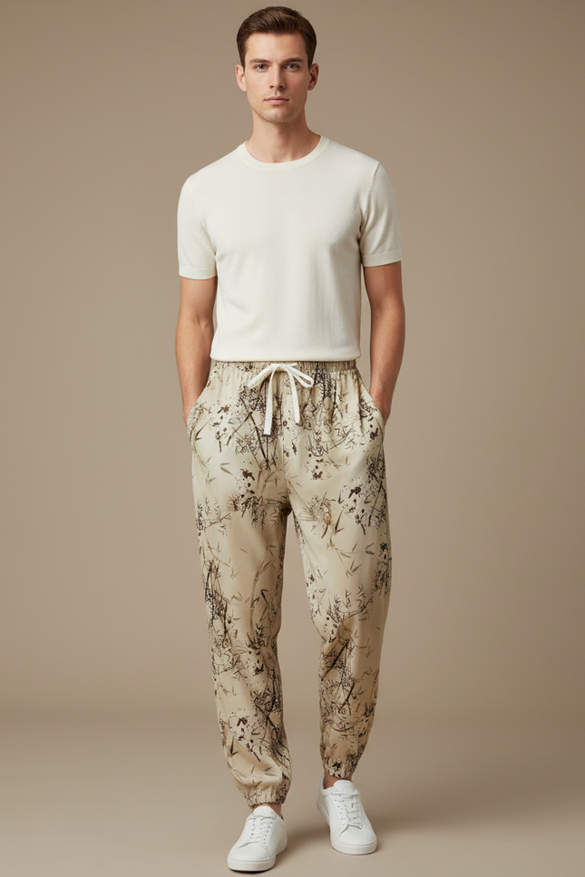 Pantalon Fluide Beige Imprimé Floral Décontracté Homme - Viscose