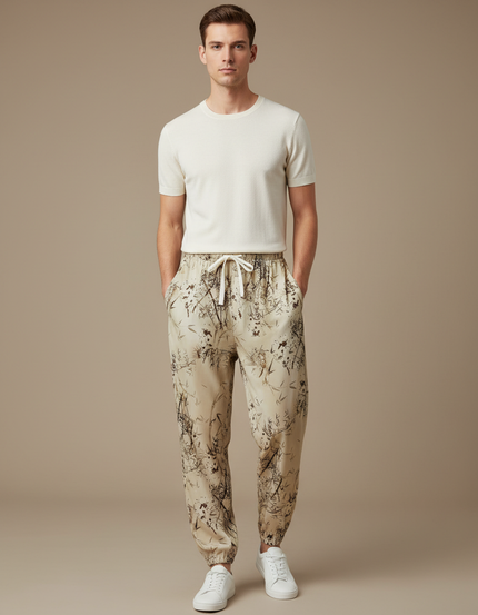 Pantalon Fluide Beige Imprimé Floral Décontracté Homme - Viscose