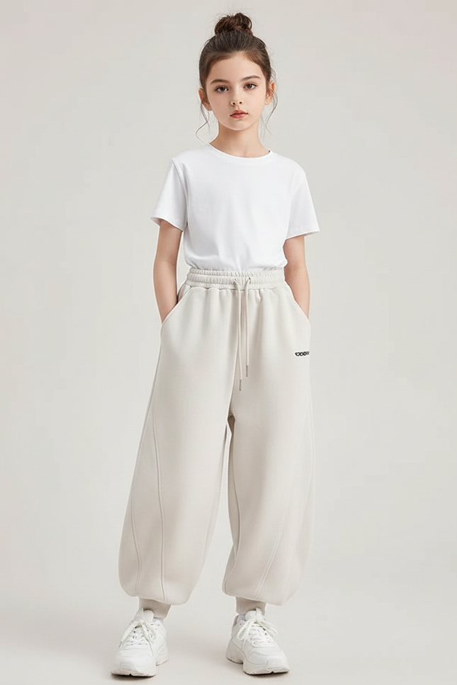 Pantalon Fluide Beige Ample Molleton Décontracté Enfant