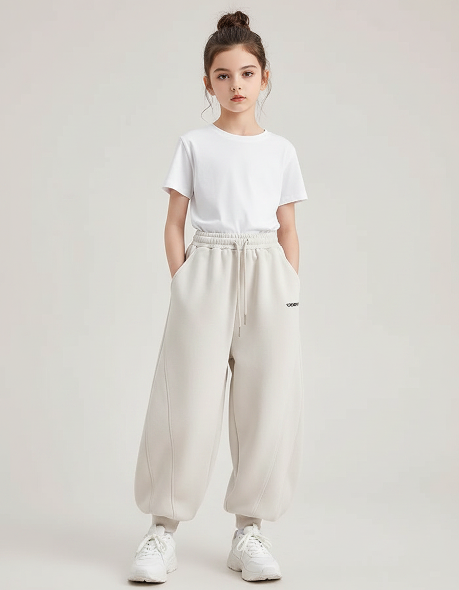 Pantalon Fluide Beige Ample Molleton Décontracté Enfant