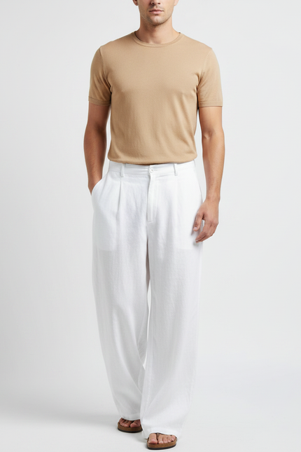 Pantalon Fluide Blanc Ample Plissé Lin Homme Décontracté