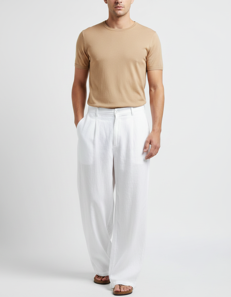Pantalon Fluide Blanc Ample Plissé Lin Homme Décontracté