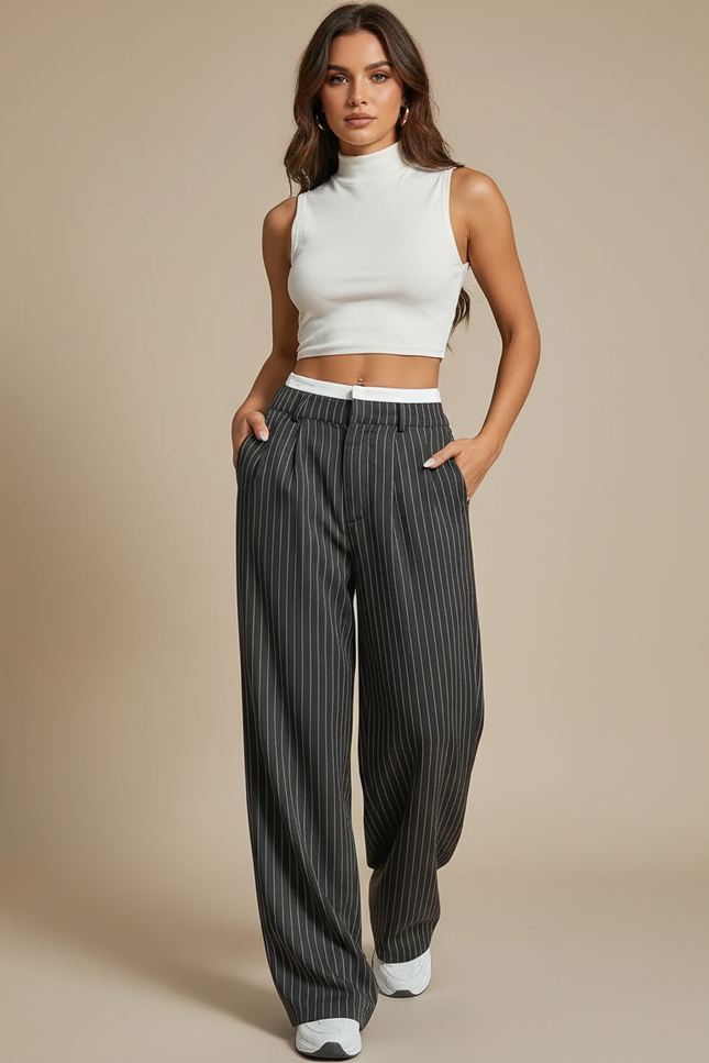 Pantalon Fluide Rayé Noir Ample Taille Haute - Polyester