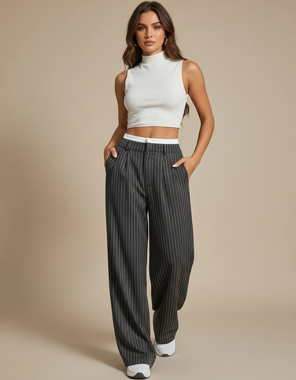 Pantalon Fluide Rayé Noir Ample Taille Haute - Polyester