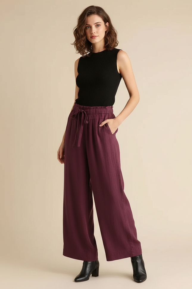 Pantalon Fluide Bordeaux Ample Cordon Lin Femme