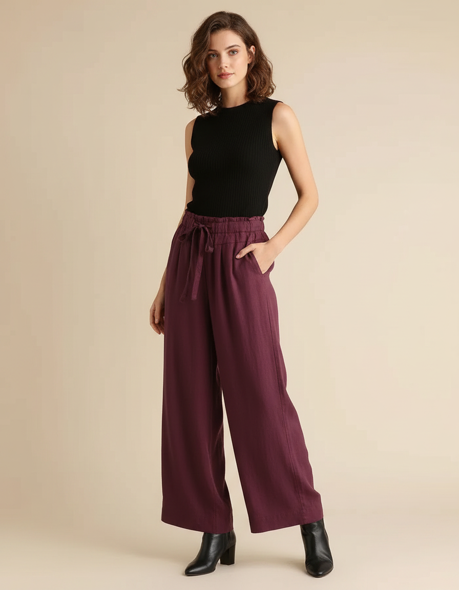 Pantalon Fluide Bordeaux Ample Cordon Lin Femme