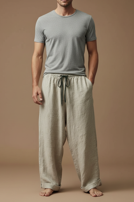 Pantalon Fluide Lin Beige Ample Cordon Homme