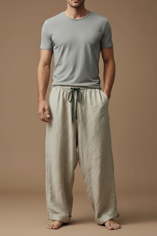 Pantalon Fluide Lin Beige Ample Cordon Homme