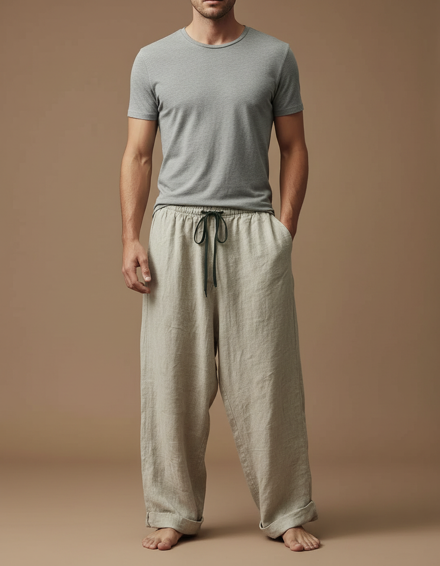 Pantalon Fluide Lin Beige Ample Cordon Homme