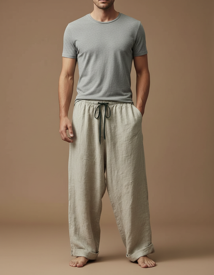 Pantalon Fluide Lin Beige Ample Cordon Homme