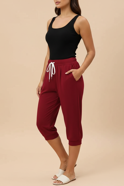 Pantalon Fluide Rouge Ample Cordon Décontracté Capris - Bordeaux Molleton