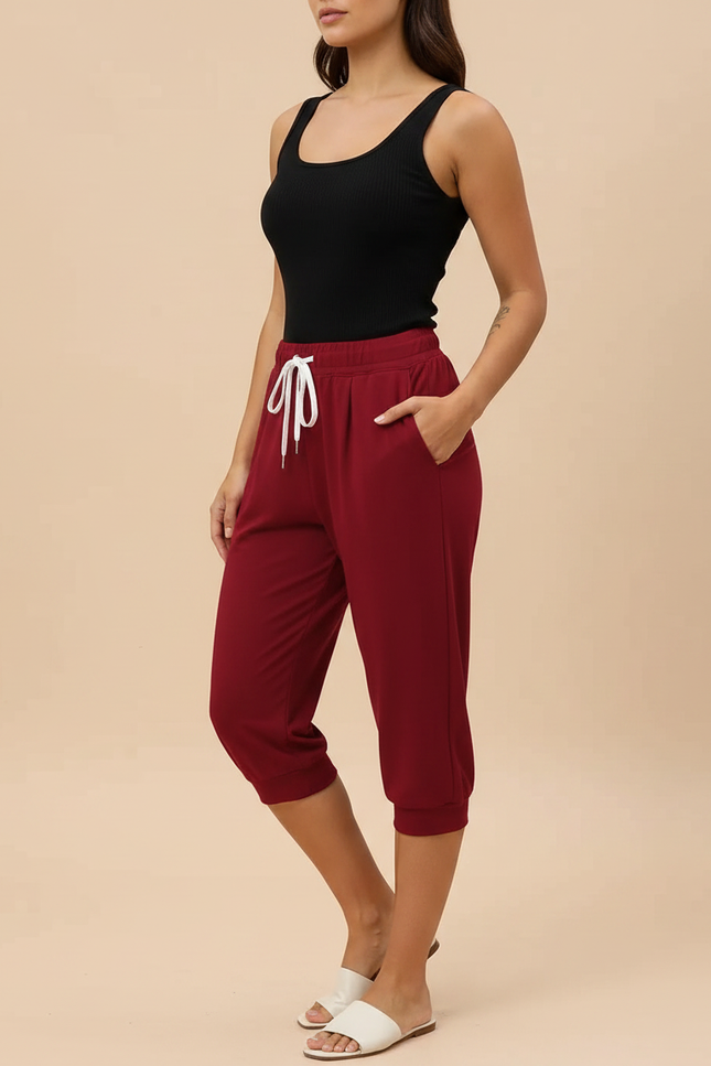 Pantalon Fluide Rouge Ample Cordon Décontracté Capris - Bordeaux Molleton