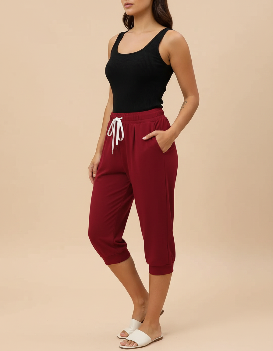 Pantalon Fluide Rouge Ample Cordon Décontracté Capris - Bordeaux Molleton