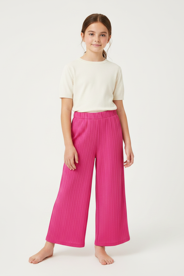 Pantalon Fluide Rose Vif Plissé Ample Fille - Maille