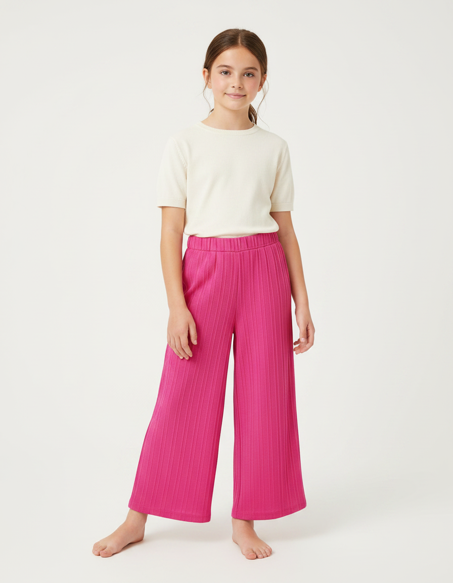 Pantalon Fluide Rose Vif Plissé Ample Fille - Maille
