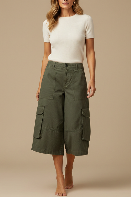 Pantalon Fluide Cargo Vert Ample Coton Décontracté - Kaki Toile