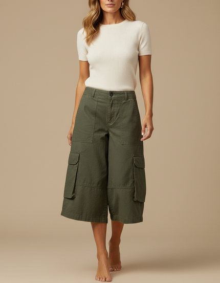 Pantalon Fluide Cargo Vert Ample Coton Décontracté - Kaki Toile