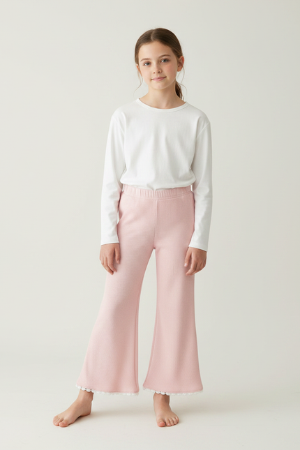 Pantalon Fluide Rose Côtelé Évasé Dentelle Enfant - Maille