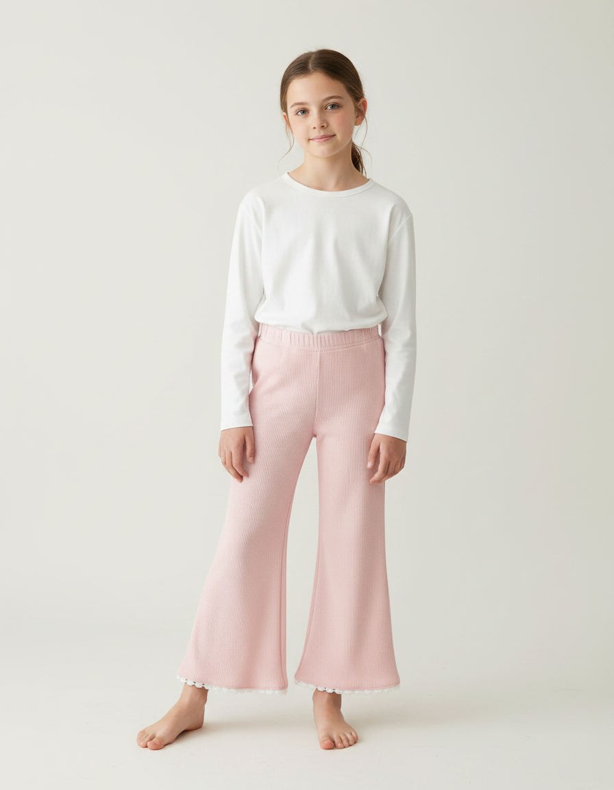 Pantalon Fluide Rose Côtelé Évasé Dentelle Enfant - Maille