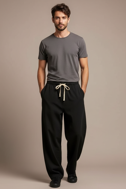 Pantalon Fluide Noir Ample Casual Cordon Homme - Molleton
