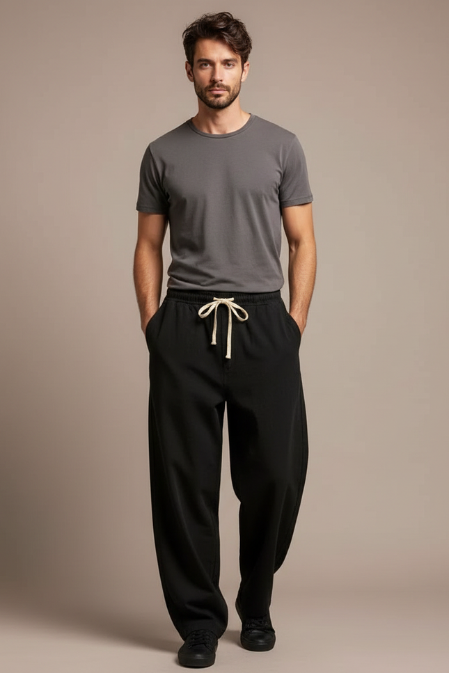 Pantalon Fluide Noir Ample Casual Cordon Homme - Molleton