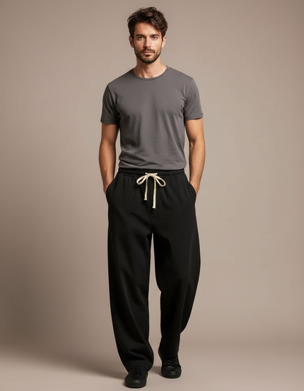 Pantalon Fluide Noir Ample Casual Cordon Homme - Molleton