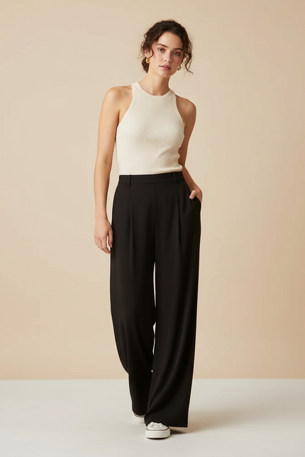 Pantalon Fluide Femme Noir Palazzo Crêpe Chic - Viscose