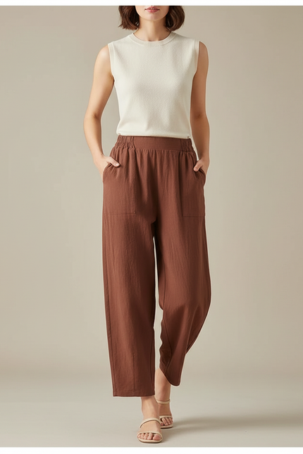 Pantalon Fluide Marron Lin Ample Décontracté Harem