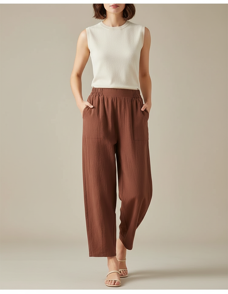 Pantalon Fluide Marron Lin Ample Décontracté Harem