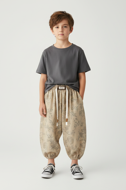 Pantalon Fluide Imprimé Feuillage - Beige Coton