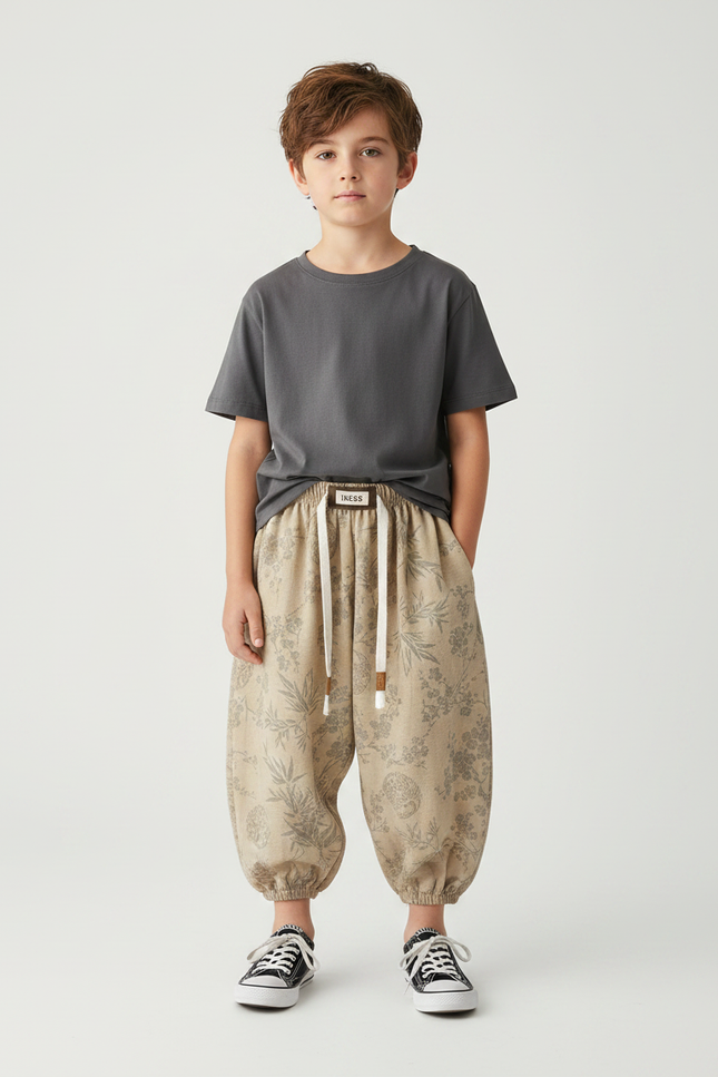 Pantalon Fluide Imprimé Feuillage - Beige Coton